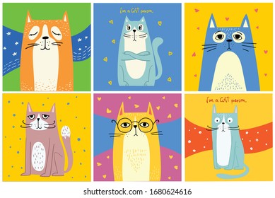 Cool cats. Vector trendy hipster style greeting cards design, t-shirt print, inspiration poster.