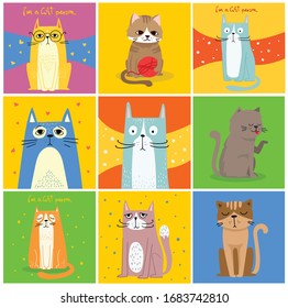 Cool cats. Vector trendy hipster style greeting cards design, t-shirt print, inspiration poster.