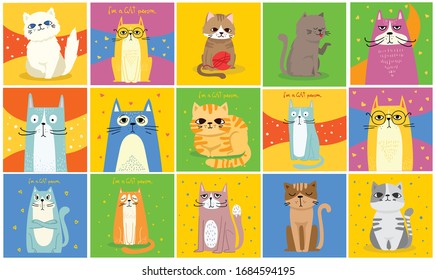 Cool cats. Vector trendy hipster style greeting cards design, t-shirt print, inspiration poster.