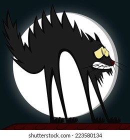 Cool cats - a very scared and pale cartoon tomcat in front of a full moon