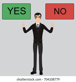 cool caucasian businessman character confused between yes or no flat cartoon vector design illustration