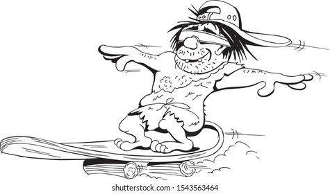 a cool caveman with a cap on skating. Vector graphic illustration