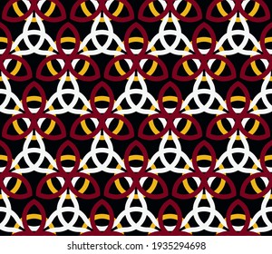 cool celtic seamless pattern. overlapping yellow rings, burgundy art shape, white wavy stripes arranged in a specific order on a black background. vector 