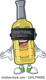 cool champagne yellow bottle character with Virtual reality headset