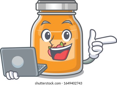Cool character of apple jam working with laptop