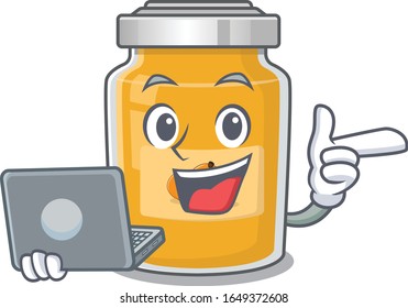 Cool character of apricot working with laptop