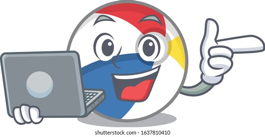 Cool character of beach ball working with laptop