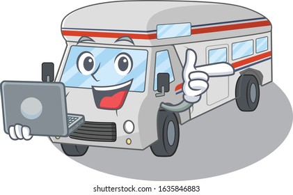 Cool character of campervan working with laptop