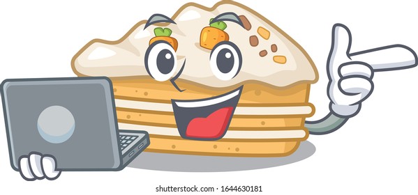 Cool character of carrot cake working with laptop
