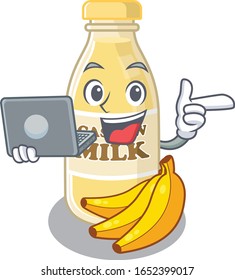 Cool character of cashew milk working with laptop