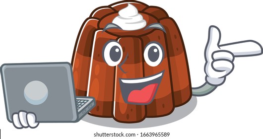 Cool character of chocolate pudding working with laptop
