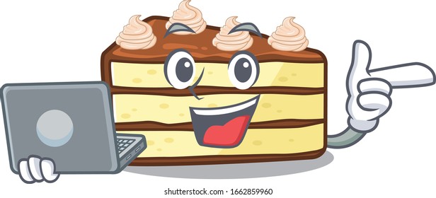 Carácter fresco del pastel de chocolate trabajando con un portátil