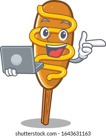Cool character of corn dog working with laptop