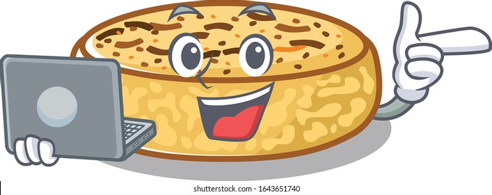 Cool character of crumpets working with laptop