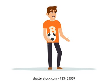 Cool character design loving to play footbal soccer. wearing outfield tshirt, flat design isolated. Cool vector characters on adult professional soccer football player. Flat design illustration