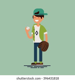 Cool character design on little kid loving to play baseball or softball. Smiling child boy standing holding baseball ball and wearing outfield glove, flat design isolated