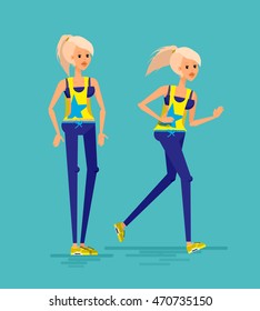 Cool character flat vector design young adult woman sport running isolated. Fitness fashion female character in standing and running pose in summer warm season outfit