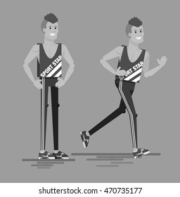 Cool character flat vector design young adult man sport running isolated. Fitness fashion male character in standing and running pose in summer warm season outfit