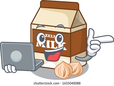 Cool character of hazelnut milk working with laptop