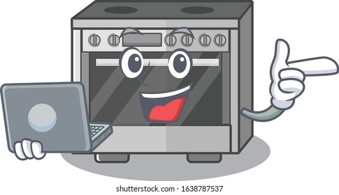 Cool character of kitchen stove working with laptop
