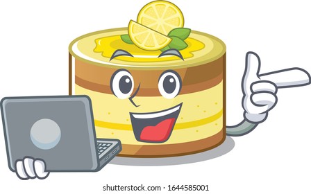 Cool character of lemon cake working with laptop