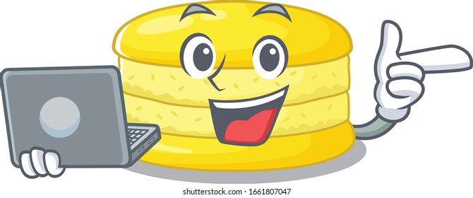 Cool character of lemon macaron working with laptop