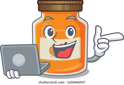 Cool character of peach jam working with laptop