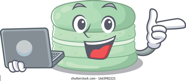 Cool character of pistachio macaron working with laptop