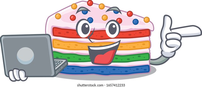 Cool character of rainbow cake working with laptop