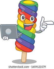 Cool character of rainbow ice cream working with laptop