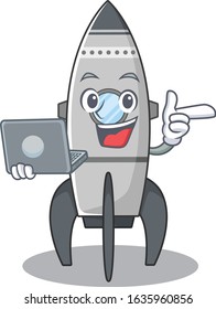 Cool character of rocket working with laptop