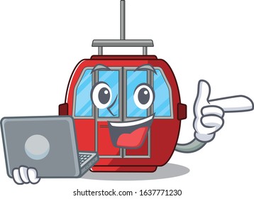 Cool character of ropeway working with laptop