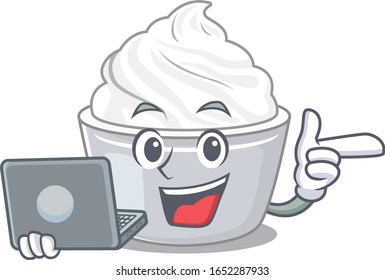 Cool character of sour cream working with laptop