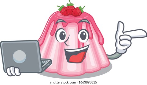 Cool character of strawberry jelly working with laptop