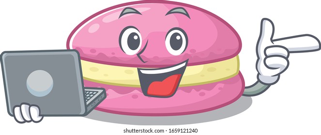 Cool character of strawberry macarons working with laptop