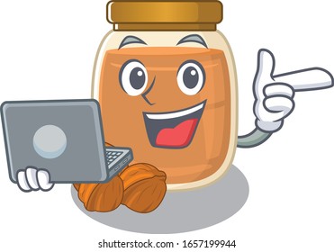 Cool character of walnut butter working with laptop