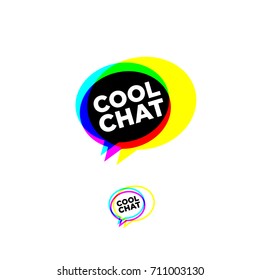 Cool chat stereo logo. Chat emblem. Three color transparent bubbles with letters. Isolated, on white background.