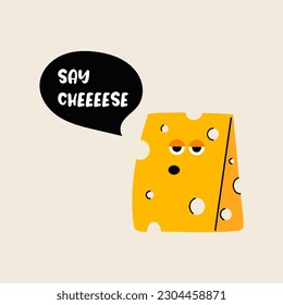 Cool cheese character with speech bubble in trendy flat style. Vector illustration isolated.