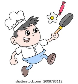 Der coole Chefkoch kocht Rindfleischeier und gebratene Wurst, Vektorgrafik. doodle Symbol kawaii.