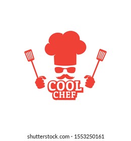 cool chef hat face wearing glasses with mustache, hands holding spatula food restaurant vector logo design template