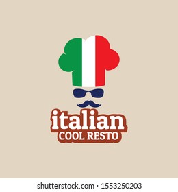 cool chef hat in italian flag face wearing glasses with mustache food restaurant vector logo design template