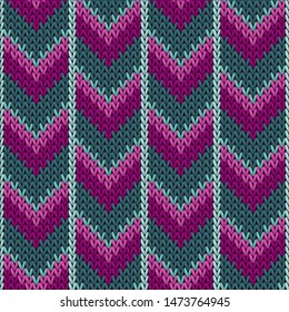 Cool chevron knitted seamless pattern vector design. Purple teal winter jumper knitwear fabric print. Norwegian knitted seamless sweater pattern in traditional christmas style.