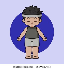 A cool chibi boy is doing yoga. A chibi boy is seriously performing the Mountain Pose or Tadasana.