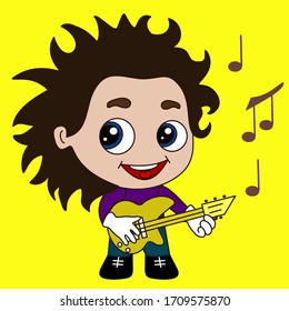 cool chibi boy plays electric guitar, vector emoji in color, simplified emoticon
