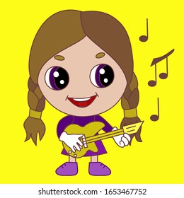 cool chibi girl plays electric guitar, vector emoji in color, simplified blue emoticon