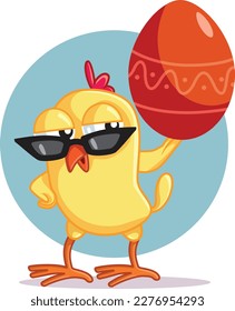 
Cool Chick Holding Red Easter Egg Celebrating Vector Cartoon Illustration. Baby chicken celebrating with traditional religious symbol
