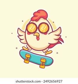 mascota de personaje animal de pollo fresco jugando skateboard caricatura aislada