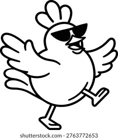 Cool chicken mascot line art vector illustration wearing sunglasses in a cheerful dancing pose with open wings. Funny cartoon poultry character with bold black outline, isolated on light background, perfect for mascot branding, logo, sticker, packaging, apparel, entertainment theme, and social media content.