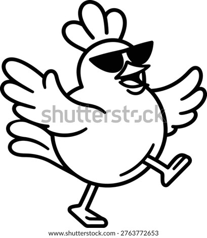 Cool chicken mascot line art vector illustration wearing sunglasses in a cheerful dancing pose with open wings. Funny cartoon poultry character with bold black outline, isolated on light background, perfect for mascot branding, logo, sticker, packaging, apparel, entertainment theme, and social media content.