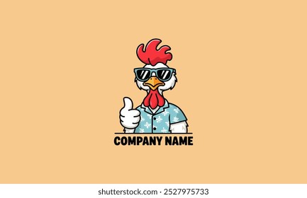 Cool chicken mascot wearing sunglasses and a shirt.